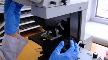 Laboratuvarda mikroskop altında incele. Seçici odaklanma. ilaç.