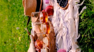 Doğada cam piknikte şarap. Seçici odaklanma. iç.