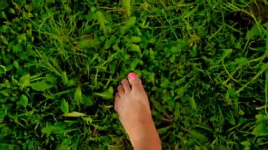 Çimlerin üzerinde kadın ve erkek bacakları. Seçici odaklanma. Doğa.