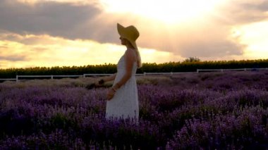 Lavanta tarlasında bir kadın. Seçici odaklanma. Doğa.