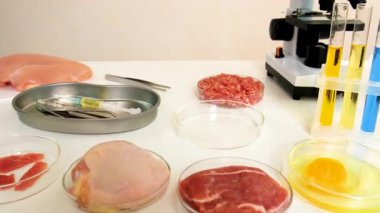 Laboratuvarda eti inceleyin. Seçici odaklanma. Yiyecek..