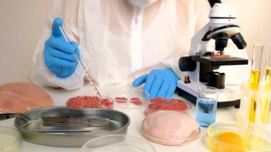 Laboratuvarda eti inceleyin. Seçici odaklanma. Yiyecek..