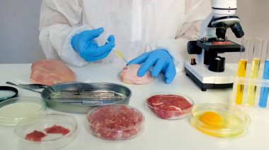 Laboratuvarda eti inceleyin. Seçici odaklanma. Yiyecek..