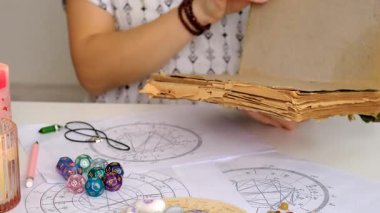 Eski bir kitabı olan bir falcı. Seçici odaklanma. insanlar,