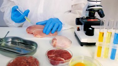 Laboratuvarda eti inceleyin. Seçici odaklanma. Yiyecek..