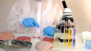 Laboratuvarda eti inceleyin. Seçici odaklanma. Yiyecek..