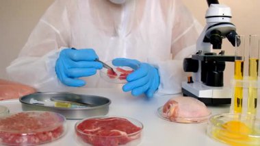 Laboratuvarda eti inceleyin. Seçici odaklanma. Yiyecek..