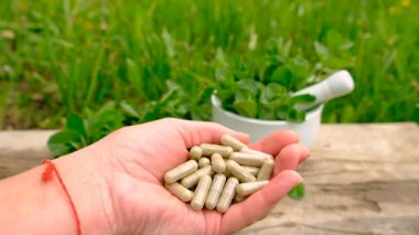 Nane özü, temel yağ ve takviyeler. Seçici odaklanma. Doğa.