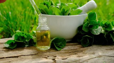 Nane özü, temel yağ ve takviyeler. Seçici odaklanma. Doğa.