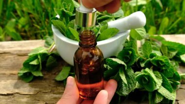 Nane özü, temel yağ ve takviyeler. Seçici odaklanma. Doğa.