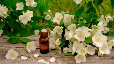 Yasemin yağı ve çiçekler. Seçici odaklanma. Doğa.