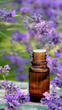 Şişedeki lavanta yağı. Seçici odaklanma. Doğa.