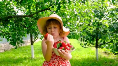 Bahçesinde çilek olan çocuk. Seçici odaklanma. Çocuk.