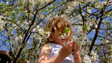 Child in a blooming garden in spring. Selective focus. Kid.