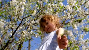 Child in a blooming garden in spring. Selective focus. Kid.