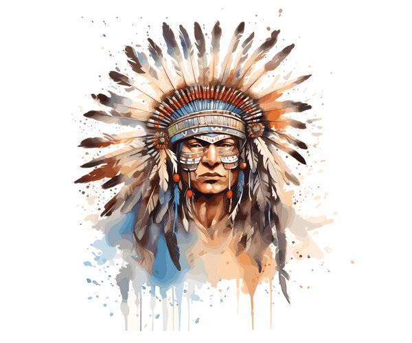 Native American Chief in Headdress, Vibrant colors and Designed to look as if it were a Water-Based Painting