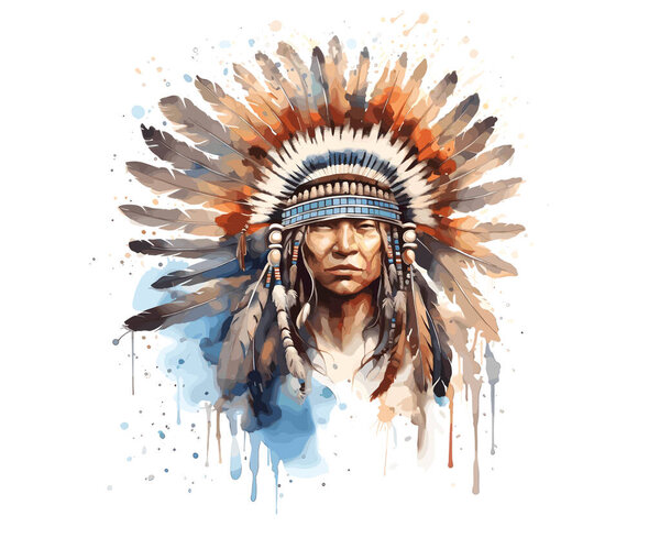 Native American Chief in Headdress, Vibrant colors and Designed to look as if it were a Water-Based Painting