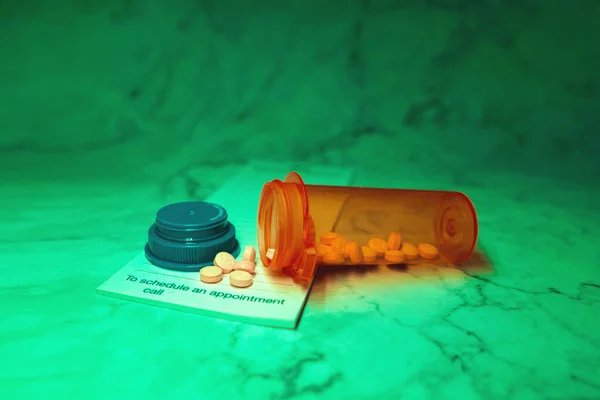 Open Medicine Bottle Pills Someone Top Prescription Pad Neon Led — Stock Photo, Image