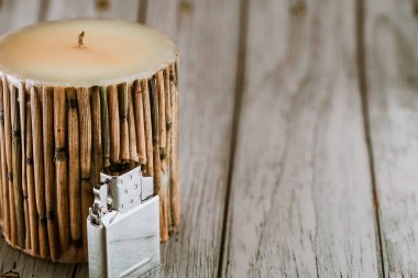 bamboo candle for peace and calm zen mood warn wood background