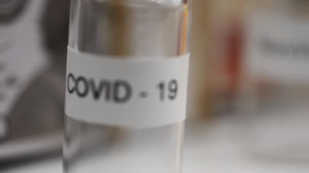 Covid Vil Para Inyección Refuerzo Farmacéutico Jeringa Pandemia Medicación Fondo — Vídeos de Stock
