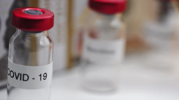 Covid Vile Syringe Pharmaceutical Booster Shot Pandemic Medication White Background — Video