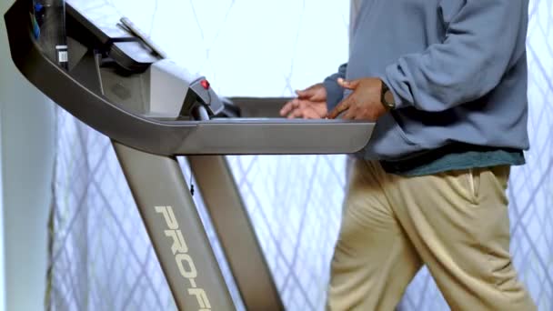 Walking Treadmill Working Black Male Man Hood — Vídeo de Stock