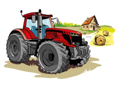 Traktör MF8740 el çizimi illüstrasyon rengi