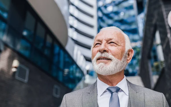 Primer Plano Contemplar Profesional Masculino Mayor Con Barba Anciano Hombre — Foto de Stock