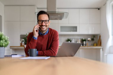 Erkek girişimci cep telefonuyla konuşuyor ve evde dizüstü bilgisayarla çalışırken kameraya bakıyor.