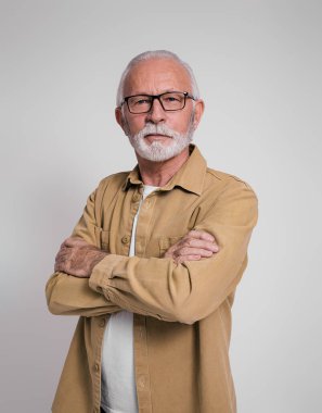 Beyaz arka planda kollarını kavuşturmuş özgüvenli sakallı kıdemli işadamının portresi.