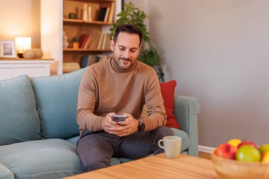 Akıllı telefondan mesaj atan kendine güvenen iş adamının portresi. Kanepede oturup evden çalışıyor.