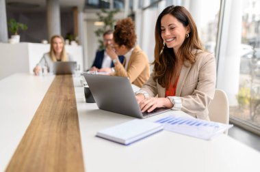 Dizüstü bilgisayardaki finansal raporları inceleyen mutlu kadın profesyonel iş arkadaşları arka planda tartışıyorlar.