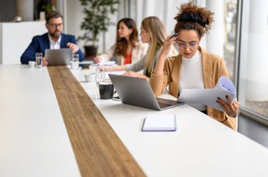 Toplantı odasında takım arkadaşları işbirliği yaparken, dizüstü bilgisayarlı muhasebeci raporları inceliyor.