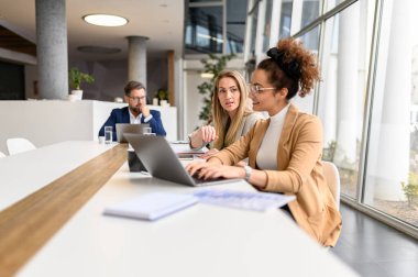 İş kadını, kadın meslektaşıyla toplantı odasında strateji tartışırken dizüstü bilgisayarla çalışıyor.