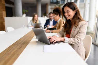 Kurul odasında dizüstü bilgisayarla proje üzerinde çalışan bir girişimci profesyonel meslektaşlar arka planda tartışırken,