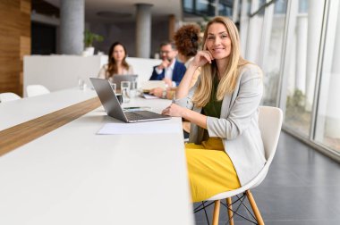 İş arkadaşları toplantıda arka planda tartışırken, dizüstü bilgisayarda çalışan kendine güvenen kadın girişimcinin portresi