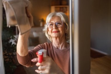 Gülümseyen son sınıf öğrencisi ev işleri yapıyor. Evde cam camları silmek için sprey ve peçete kullanıyor.