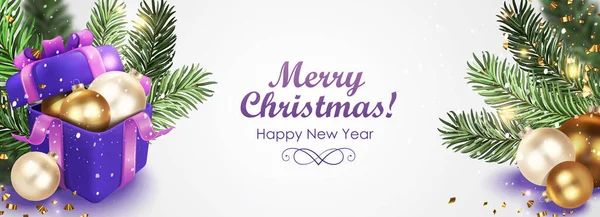 Fond Noël Avec Des Décorations Boîte Cadeau Branches Sapin Noël — Image vectorielle