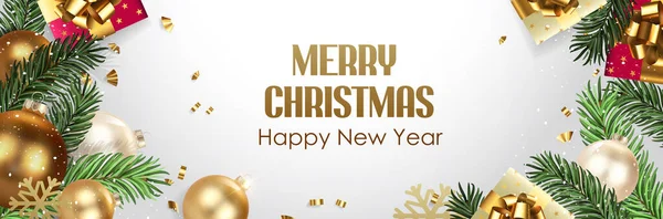 Kerst Achtergrond Met Gouden Decoraties Geschenkdozen Kerstboom Takken Vector Brochure Vectorbeelden