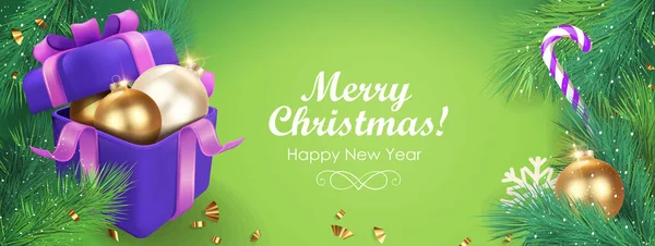 クリスマスツリーの枝と緑の背景のギフトボックスに黄金のクリスマスツリーの装飾 ベクトルパンフレットカバーデザイン ランディングページ 割引チラシ — ストックベクタ