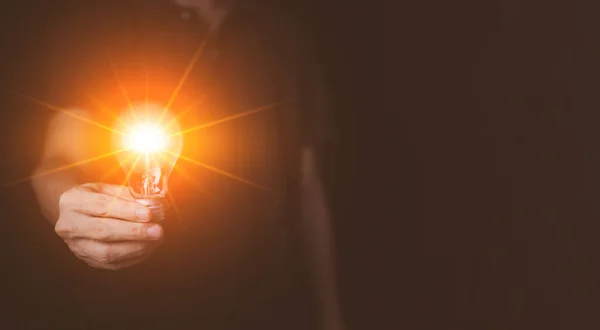 Businessman Hand Hold Virtual Lightbulb New Ideas Inspiration Innovation Technology — Stock Photo, Image