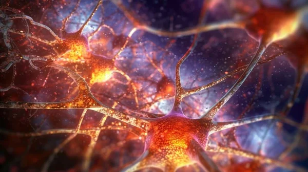 Neuron cells connect neurons with glowing link knots in the human brain. Brainstorm electricity brain cells. Generative AI.