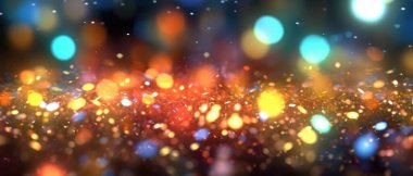 Turuncu bokeh ışıltısı parçacık soyut arkaplanı. Gökkuşağı ışıltısından bulanık ışık. Parlak doku arka planı. Üretici yapay zeka
