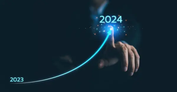 2024 Bedrijven Groeien Met Virtuele Digitale Grafische Lijn Pijl Verhogen Stockafbeelding