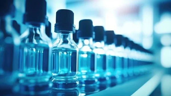 Botellas Líquido Azul Tubos Ensayo Con Productos Químicos Recipiente Agua Fotos de stock