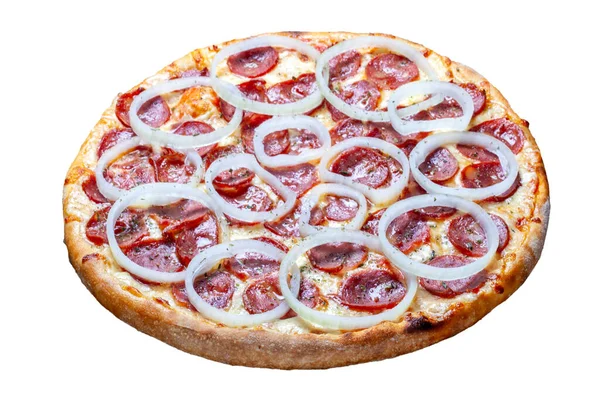 Pizza Pepperoni Krążkami Cebulowymi — Zdjęcie stockowe