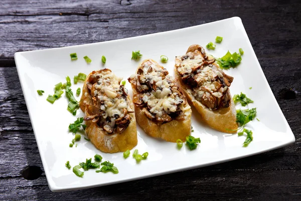 Mushroom Bruschetta Grated Parmesan — Stock Photo, Image