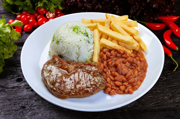 Rice Beans French Fries Meat — Stok fotoğraf