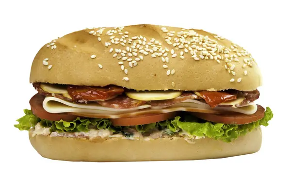 Baguette Sandwich Mit Salami Schinken Und Salat Stockfoto