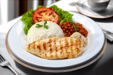 Pirinç fasulyesi ızgara tavuk salatası ve farofa.